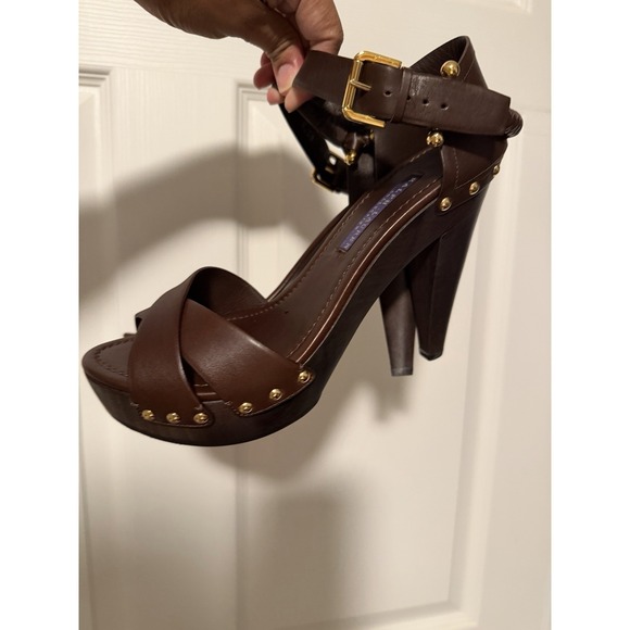 Ralph Lauren Shoes - Ralph Lauren Collection Purple Label Timila Leather Sandals Chunky Heels Brown